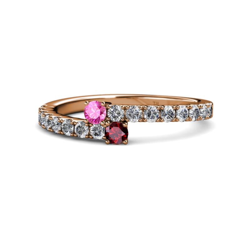 Delise 3.40mm Round Pink Sapphire and Ruby with Side Diamonds Bypass Ring 