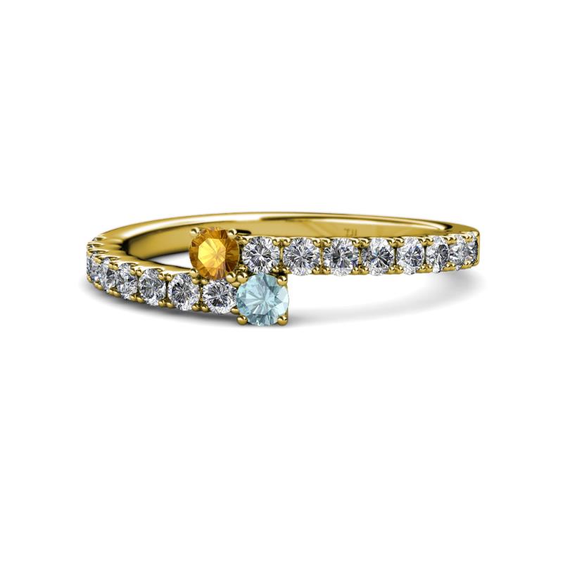 Delise 3.40mm Round Citrine and Aquamarine with Side Diamonds Bypass Ring 