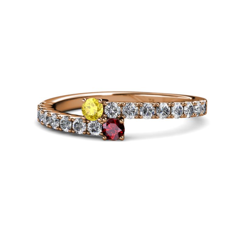 Delise 3.40mm Round Yellow Sapphire and Ruby with Side Diamonds Bypass Ring 