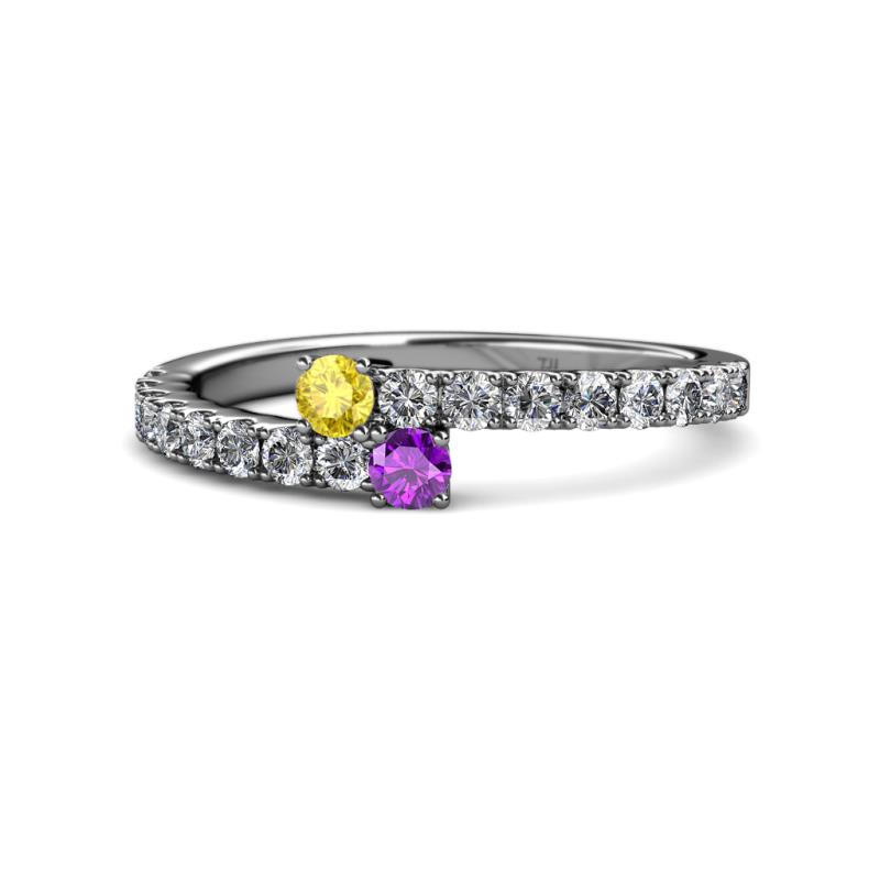 Delise 3.40mm Round Yellow Sapphire and Amethyst with Side Diamonds Bypass Ring 