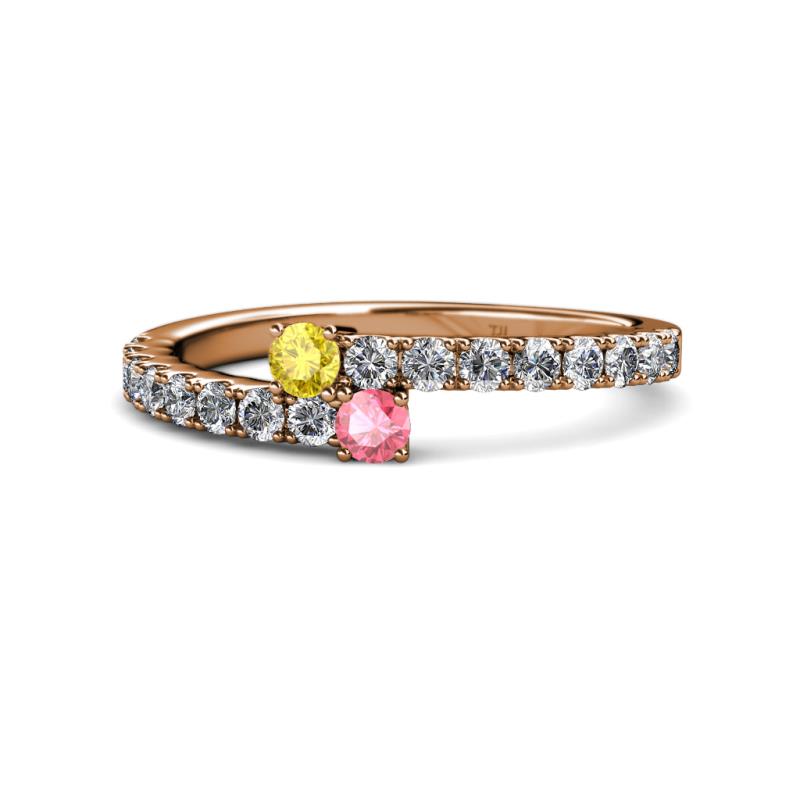 Delise 3.40mm Round Yellow Sapphire and Pink Tourmaline with Side Diamonds Bypass Ring 