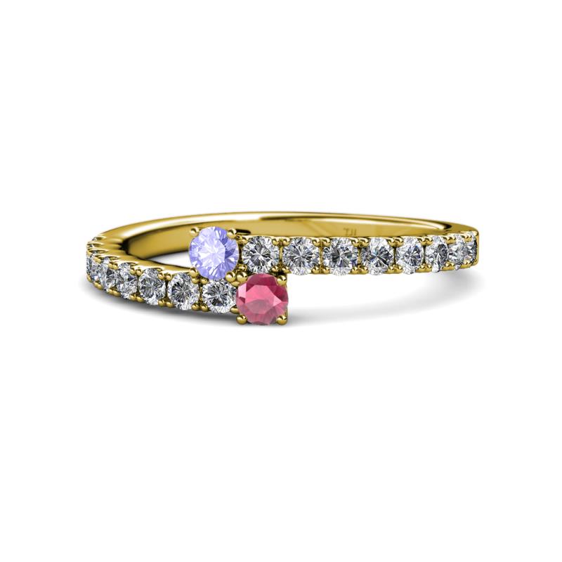 Delise 3.40mm Round Tanzanite and Rhodolite Garnet with Side Diamonds Bypass Ring 