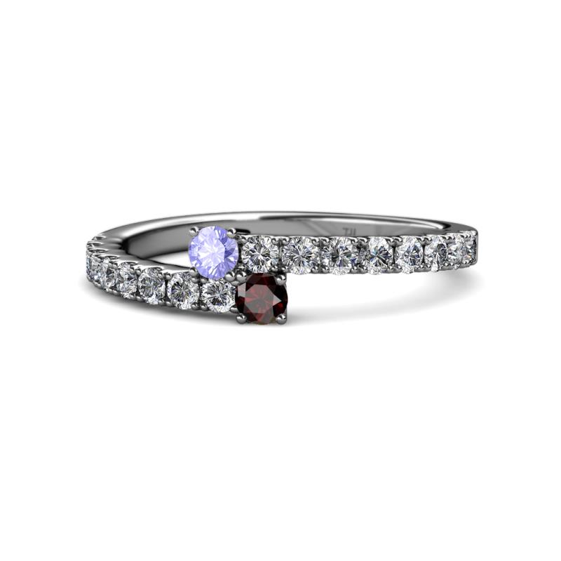 Delise 3.40mm Round Tanzanite and Red Garnet with Side Diamonds Bypass Ring 