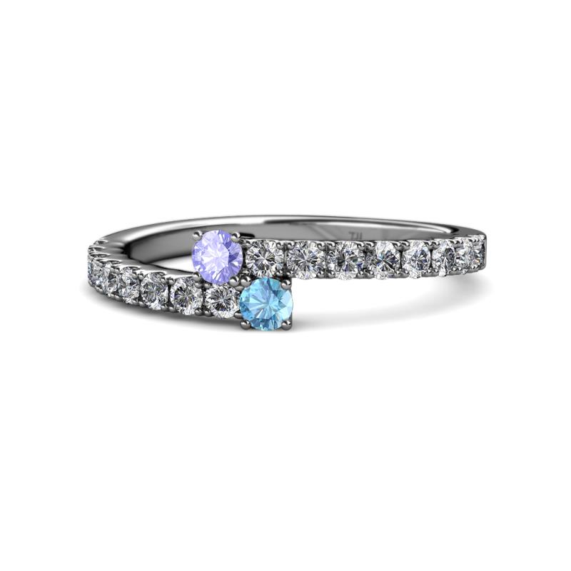 Delise 3.40mm Round Tanzanite and Blue Topaz with Side Diamonds Bypass Ring 