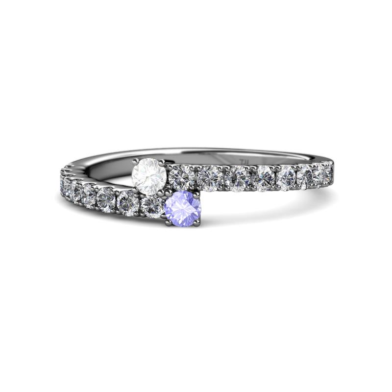 Delise 3.40mm Round White Sapphire and Tanzanite with Side Diamonds Bypass Ring 