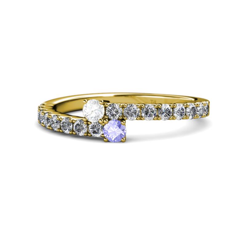 Delise 3.40mm Round White Sapphire and Tanzanite with Side Diamonds Bypass Ring 