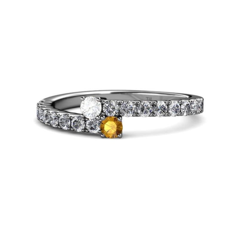 Delise 3.40mm Round White Sapphire and Citrine with Side Diamonds Bypass Ring 