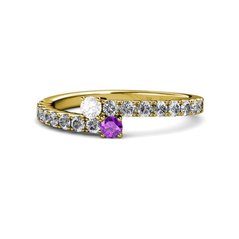 Delise 3.40mm Round White Sapphire and Amethyst with Side Diamonds Bypass Ring 