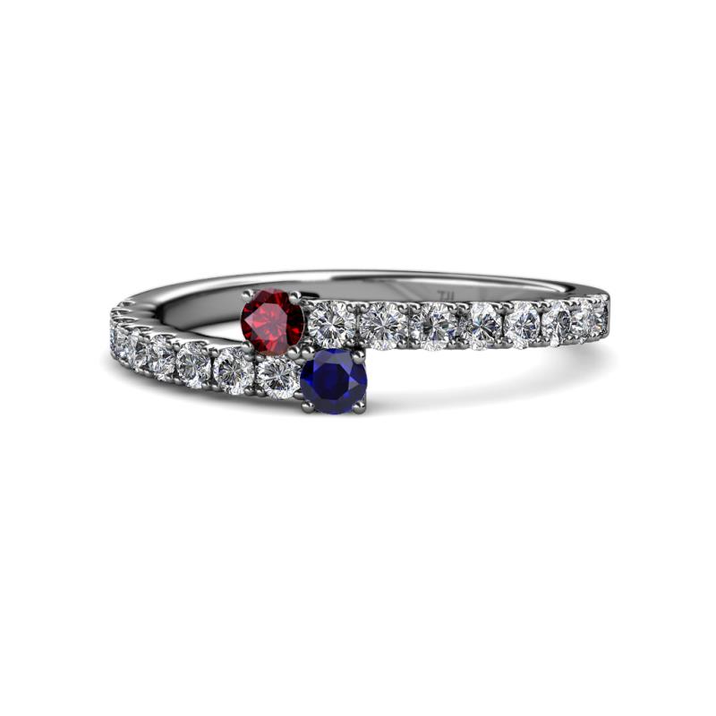 Delise 3.40mm Round Ruby and Blue Sapphire with Side Diamonds Bypass Ring 