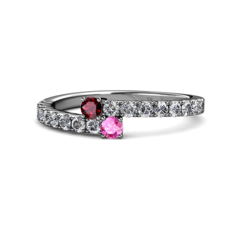 Delise 3.40mm Round Ruby and Pink Sapphire with Side Diamonds Bypass Ring 