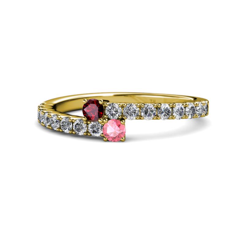 Delise 3.40mm Round Ruby and Pink Tourmaline with Side Diamonds Bypass Ring 