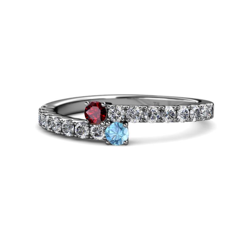 Delise 3.40mm Round Ruby and Blue Topaz with Side Diamonds Bypass Ring 