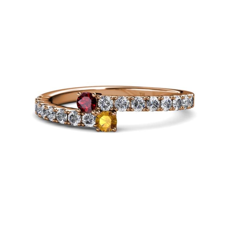 Delise 3.40mm Round Ruby and Citrine with Side Diamonds Bypass Ring 