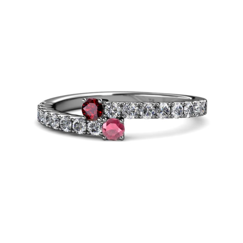 Delise 3.40mm Round Ruby and Rhodolite Garnet with Side Diamonds Bypass Ring 