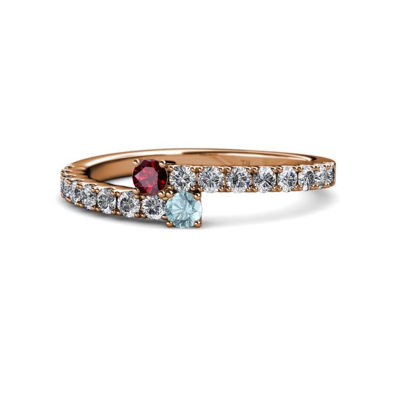 Delise 3.40mm Round Ruby and Aquamarine with Side Diamonds Bypass Ring 