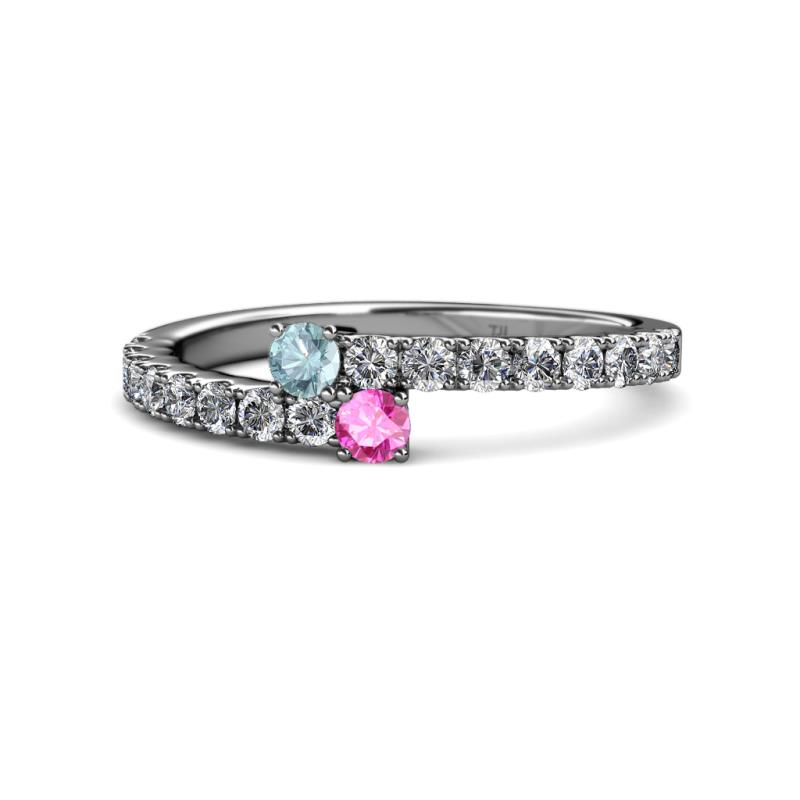 Delise 3.40mm Round Aquamarine and Pink Sapphire with Side Diamonds Bypass Ring 