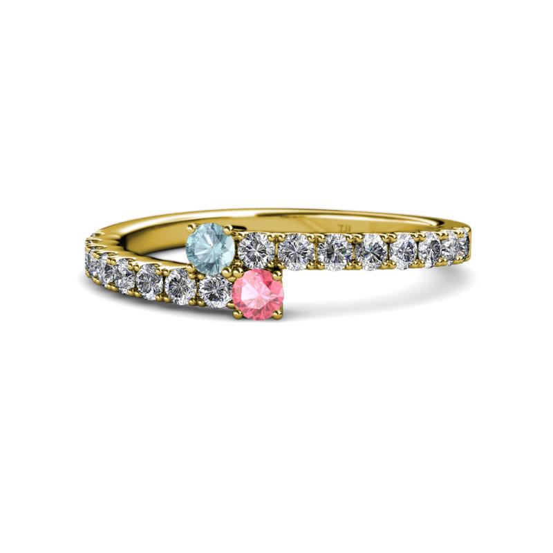 Delise 3.40mm Round Aquamarine and Pink Tourmaline with Side Diamonds Bypass Ring 