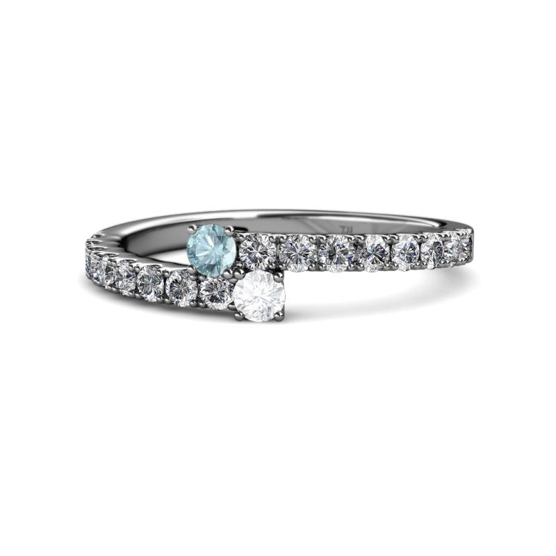 Delise 3.40mm Round Aquamarine and White Sapphire with Side Diamonds Bypass Ring 