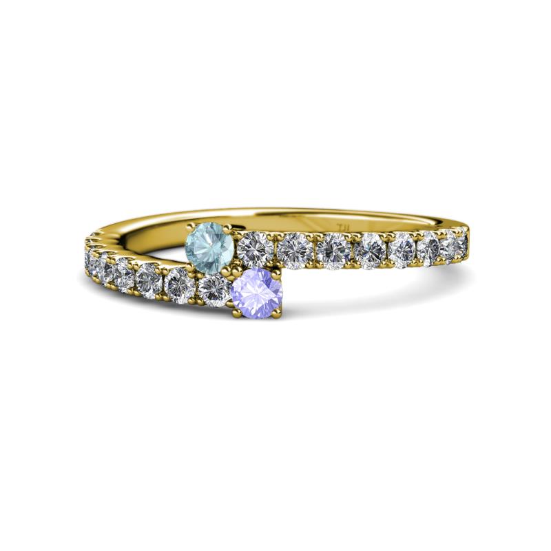 Delise 3.40mm Round Aquamarine and Tanzanite with Side Diamonds Bypass Ring 