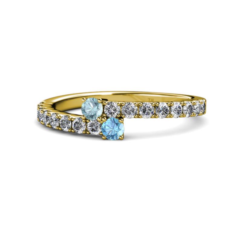 Delise 3.40mm Round Aquamarine and Blue Topaz with Side Diamonds Bypass Ring 