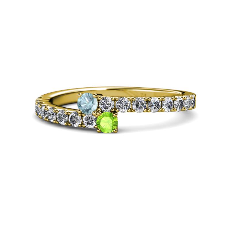 Delise 3.40mm Round Aquamarine and Peridot with Side Diamonds Bypass Ring 
