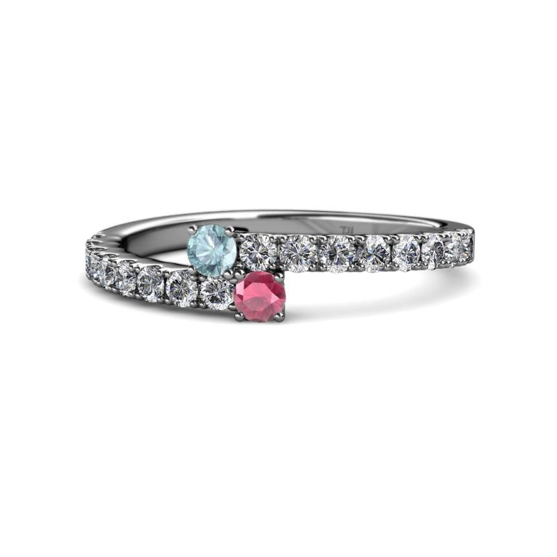 Delise 3.40mm Round Aquamarine and Rhodolite Garnet with Side Diamonds Bypass Ring 
