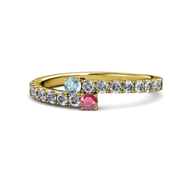 Delise 3.40mm Round Aquamarine and Rhodolite Garnet with Side Diamonds Bypass Ring 