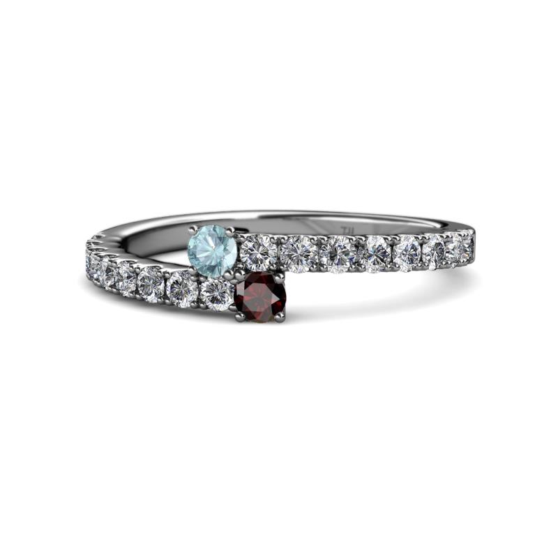 Delise 3.40mm Round Aquamarine and Red Garnet with Side Diamonds Bypass Ring 