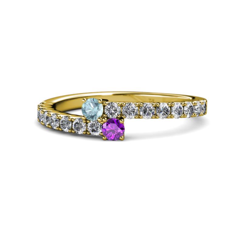 Delise 3.40mm Round Aquamarine and Amethyst with Side Diamonds Bypass Ring 