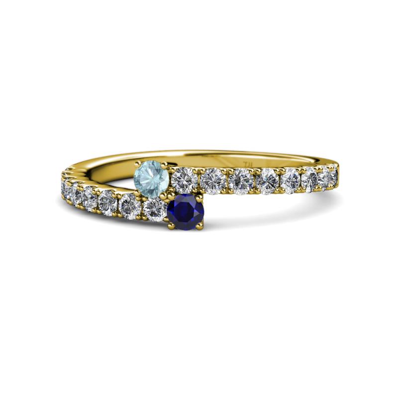 Delise 3.40mm Round Aquamarine and Blue Sapphire with Side Diamonds Bypass Ring 