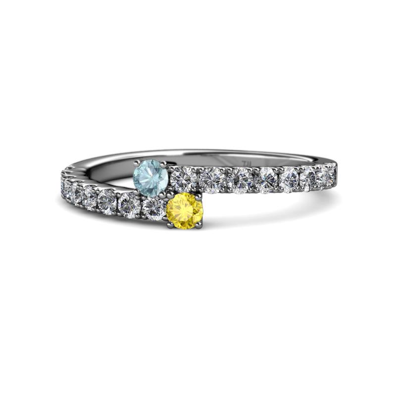 Delise 3.40mm Round Aquamarine and Yellow Sapphire with Side Diamonds Bypass Ring 
