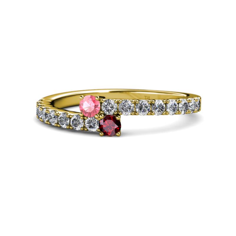 Delise 3.40mm Round Pink Tourmaline and Ruby with Side Diamonds Bypass Ring 