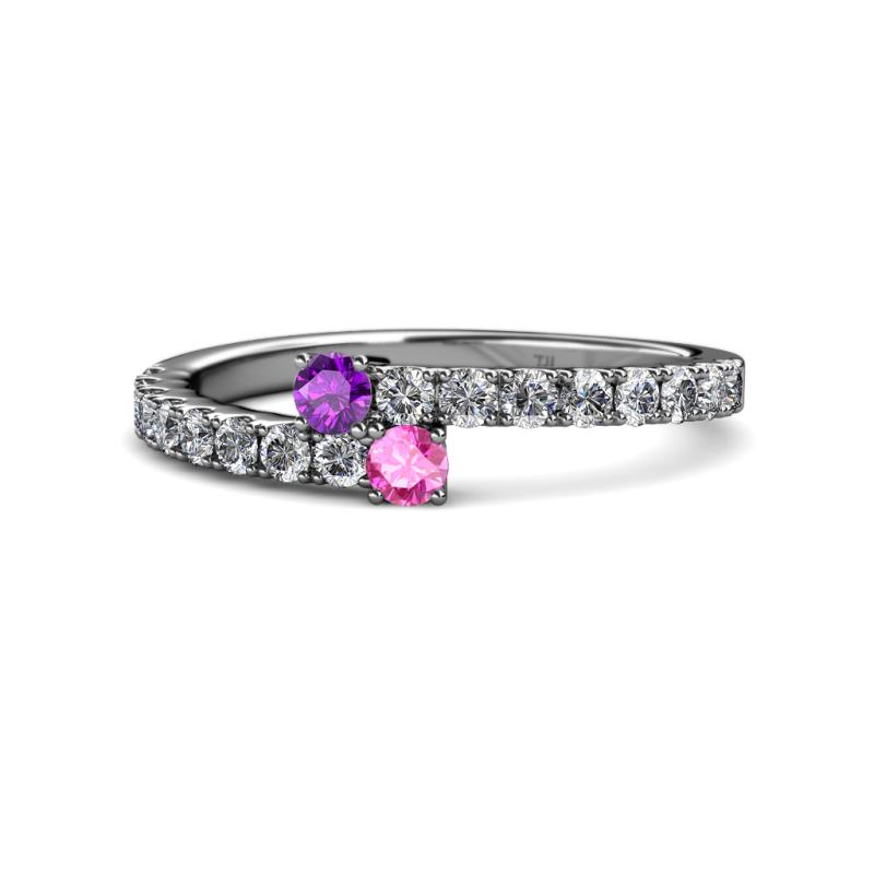 Delise 3.40mm Round Amethyst and Pink Sapphire with Side Diamonds Bypass Ring 
