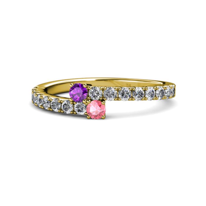 Delise 3.40mm Round Amethyst and Pink Tourmaline with Side Diamonds Bypass Ring 