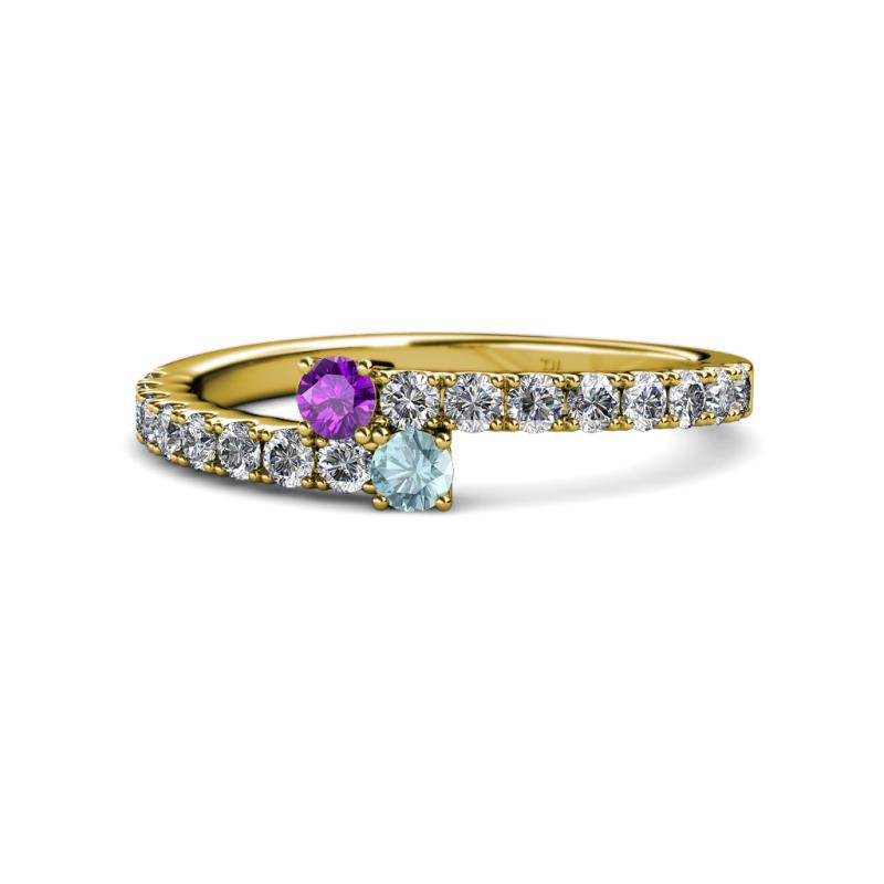 Delise 3.40mm Round Amethyst and Aquamarine with Side Diamonds Bypass Ring 