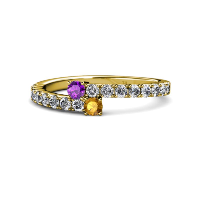 Delise 3.40mm Round Amethyst and Citrine with Side Diamonds Bypass Ring 