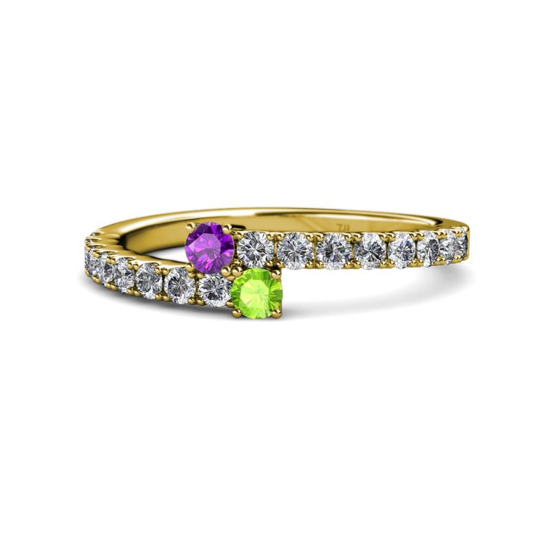 Delise 3.40mm Round Amethyst and Peridot with Side Diamonds Bypass Ring 