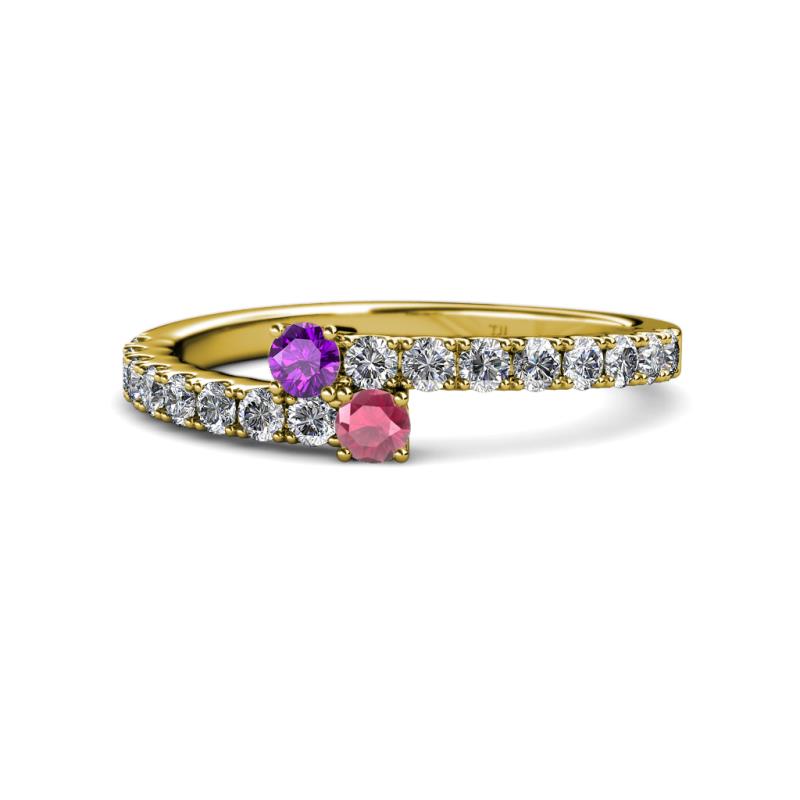 Delise 3.40mm Round Amethyst and Rhodolite Garnet with Side Diamonds Bypass Ring 