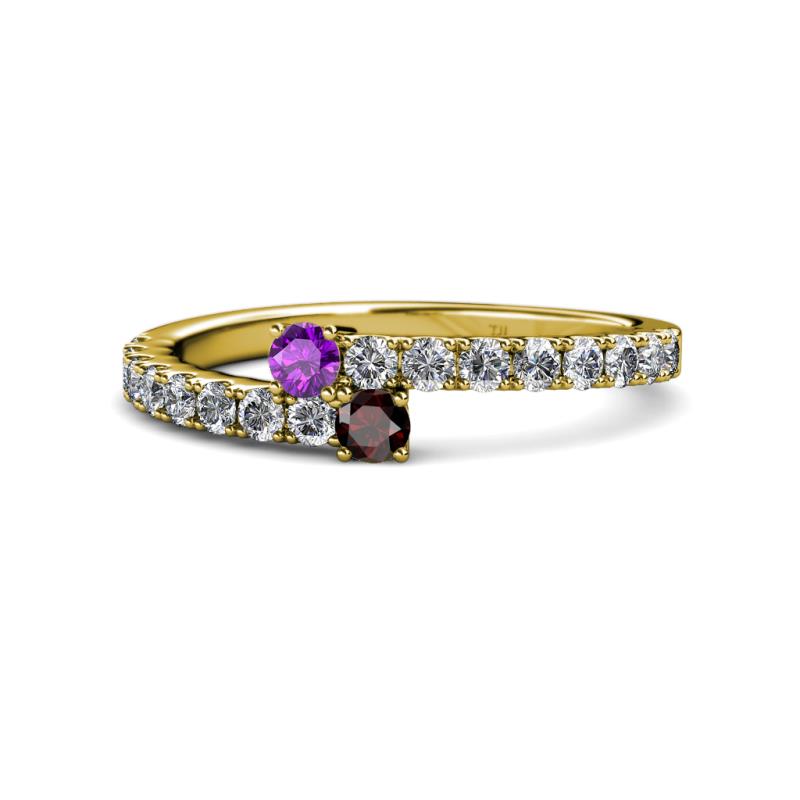 Delise 3.40mm Round Amethyst and Red Garnet with Side Diamonds Bypass Ring 