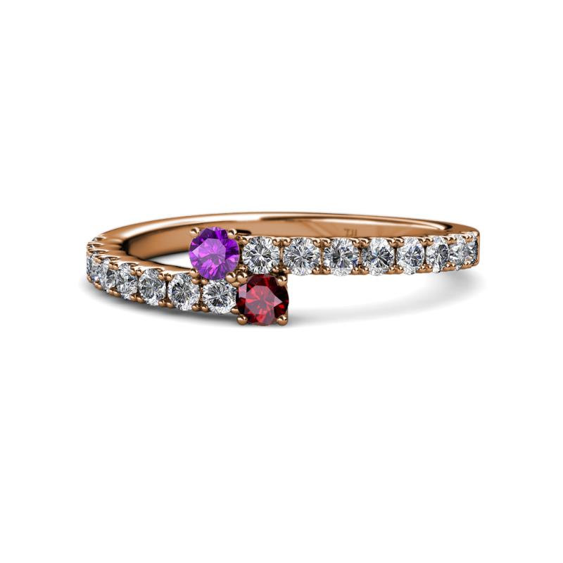 Delise 3.40mm Round Amethyst and Ruby with Side Diamonds Bypass Ring 