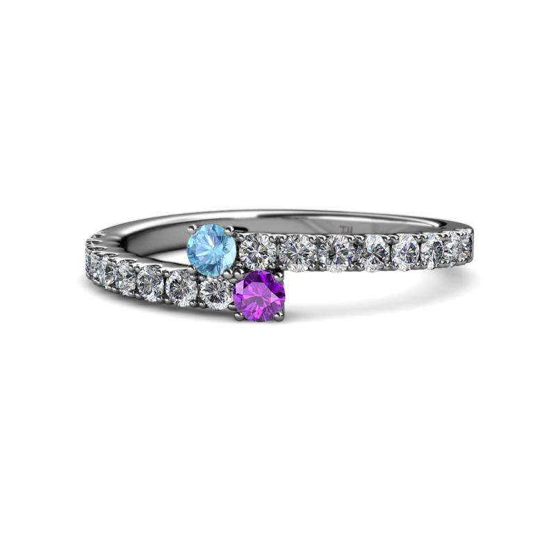 Delise 3.40mm Round Blue Topaz and Amethyst with Side Diamonds Bypass Ring 