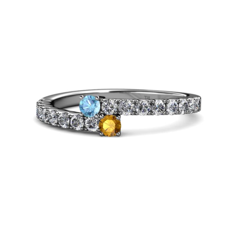 Delise 3.40mm Round Blue Topaz and Citrine with Side Diamonds Bypass Ring 