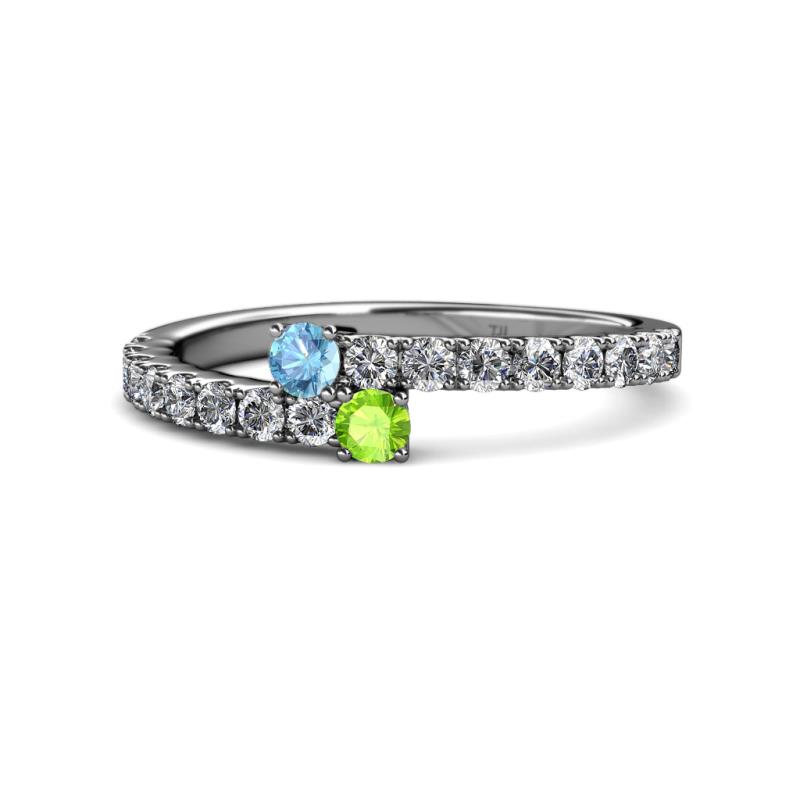 Delise 3.40mm Round Blue Topaz and Peridot with Side Diamonds Bypass Ring 