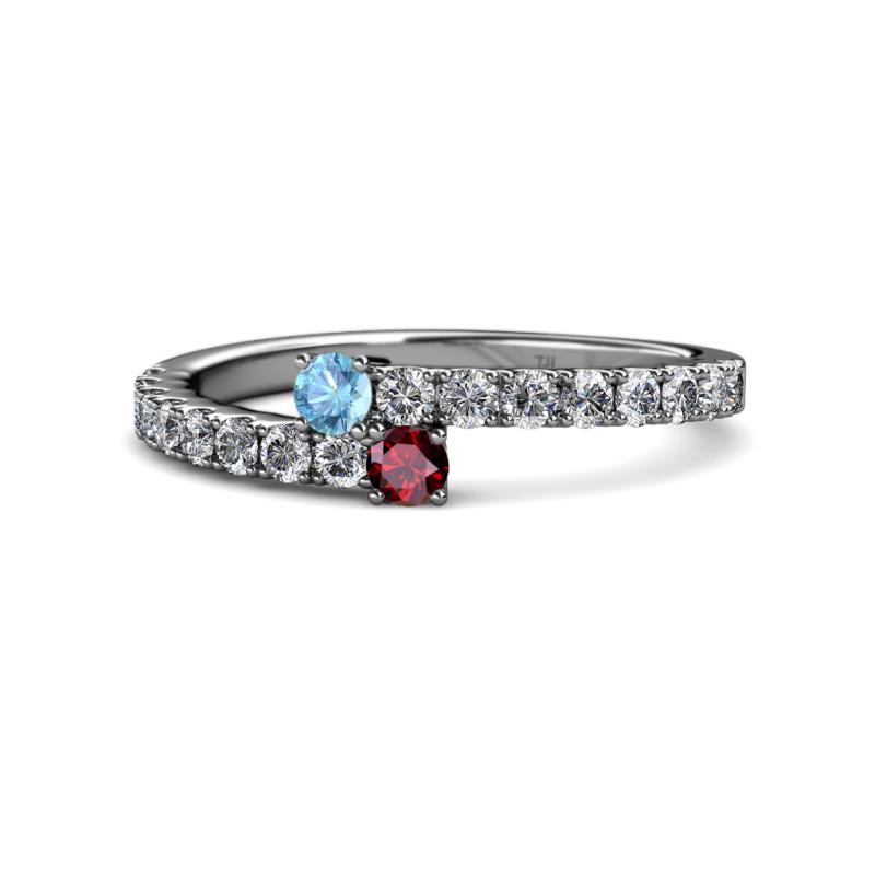 Delise 3.40mm Round Blue Topaz and Ruby with Side Diamonds Bypass Ring 