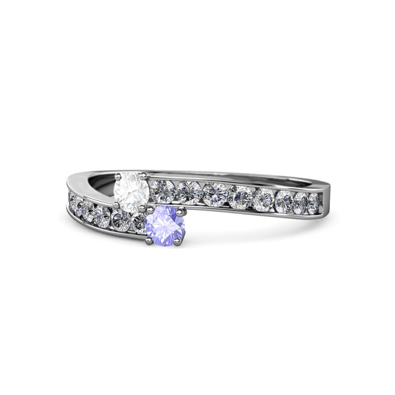 Orane White Sapphire and Tanzanite with Side Diamonds Bypass Ring 