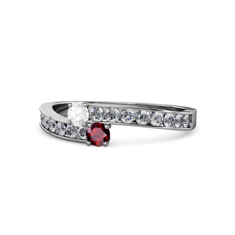 Orane White Sapphire and Ruby with Side Diamonds Bypass Ring 