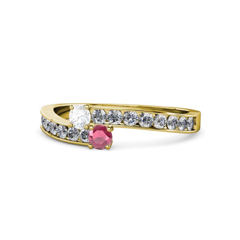 Orane White Sapphire and Rhodolite Garnet with Side Diamonds Bypass Ring 