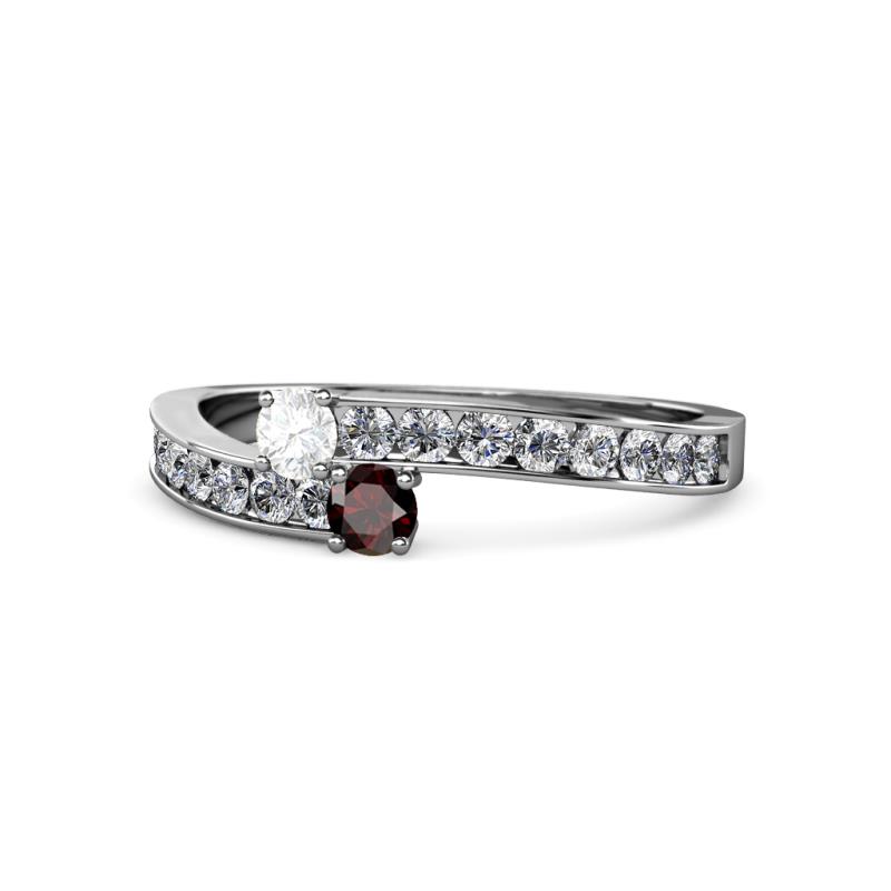Orane White Sapphire and Red Garnet with Side Diamonds Bypass Ring 