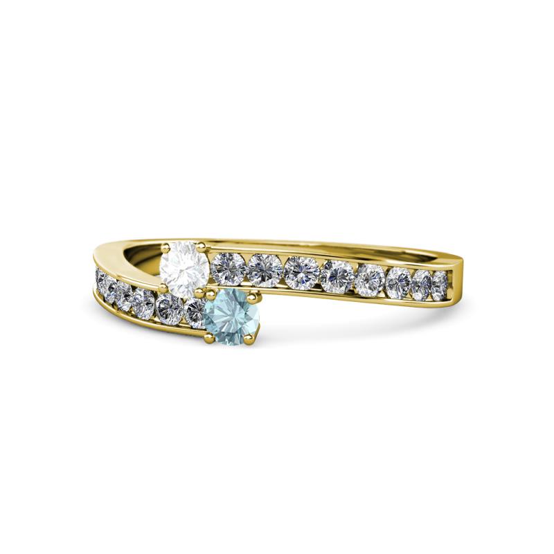 Orane White Sapphire and Aquamarine with Side Diamonds Bypass Ring 