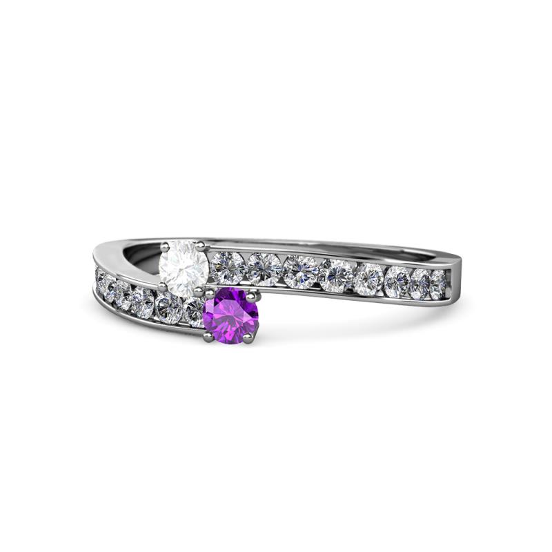 Orane White Sapphire and Amethyst with Side Diamonds Bypass Ring 
